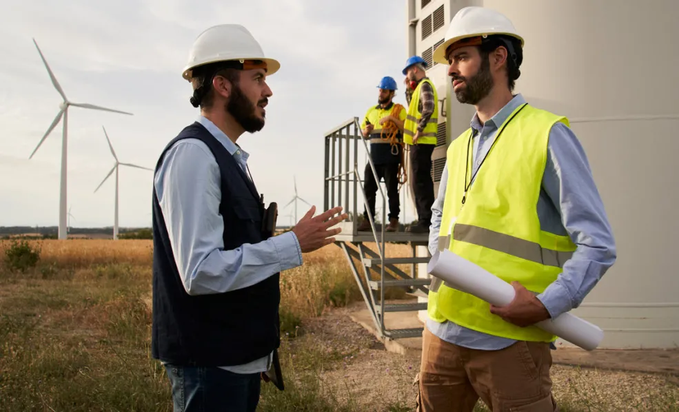 engineers in front of wind turbine station