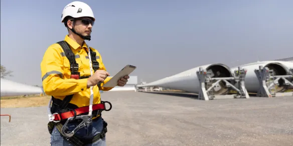 technician with safety harness working on site of Windmill factory, wind turbine farm